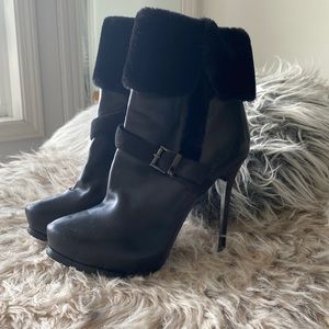 Black fuzz top heeled boots!